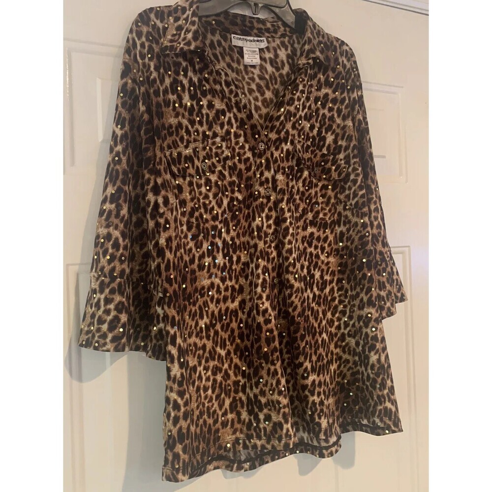 Cathy Daniels Leopard Print Gold Sequin Women's Medium Blouse